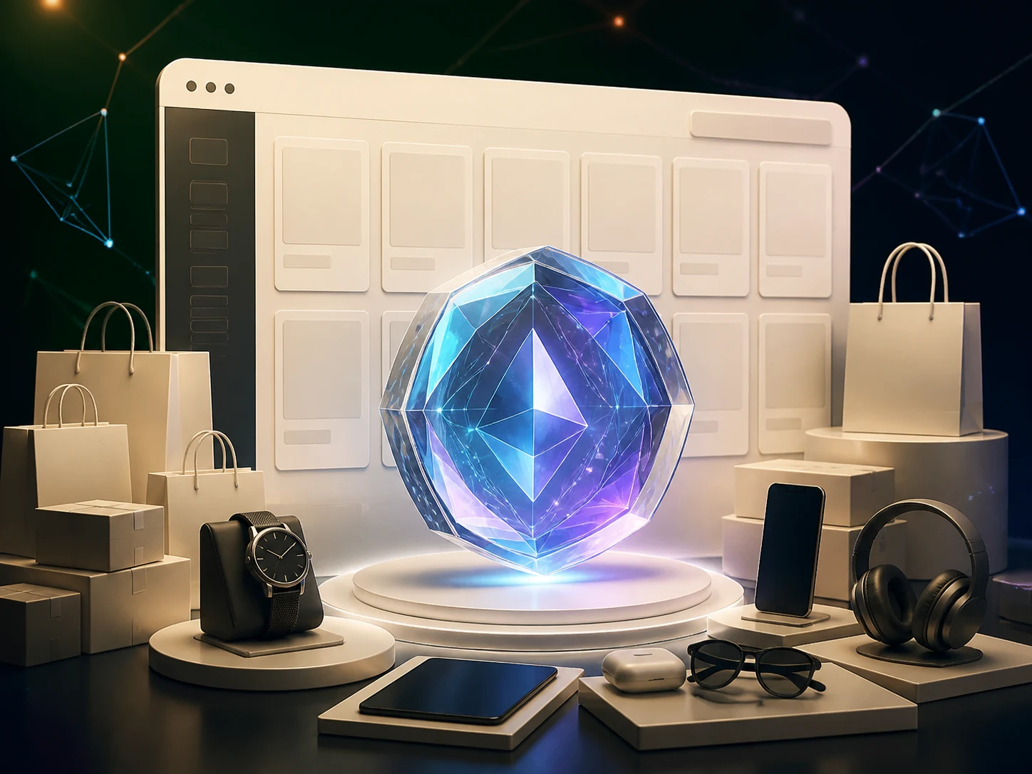 A digital marketplace scene with product displays and a luminous cryptocurrency token